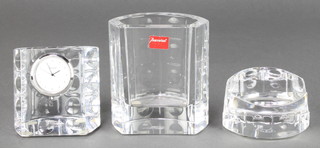 A Baccarat demi-lune faceted spill vase 4", ditto stand 2" and a demi-lune timepiece 3" 