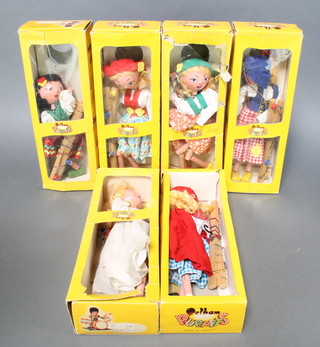 Six Pelham puppets - Dutch Girl, Gypsy, Tyrolean Girl x 2, Little Red Riding Hood and The Fairy, all boxed