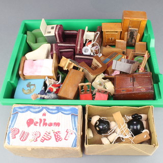 A Pelham puppet - Woof The Dog (leg and ears f) together with a quantity of 1940's dolls house furniture