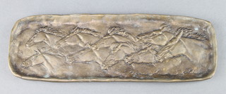 A rectangular Chinese bronze dish decorated 9 horses heads, the reverse with characters 8" x 2"