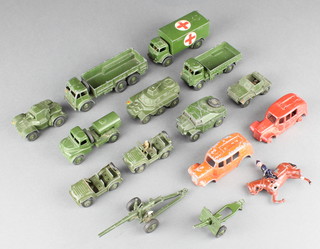 A Dinky Super Toy 10 ton Army truck no. 622, do. Army wagon 623, ambulance 626, Armoured car 670, scout car 673, 2 x Austin jeeps 674, Army water tanker 643, artillery tractor 688, 25lbs gun 686, 5.5 medium gun 692, armoured personnel carrier 676, 2 Dinky fire engines (f) and a Britains figure of a cavalryman (f) 