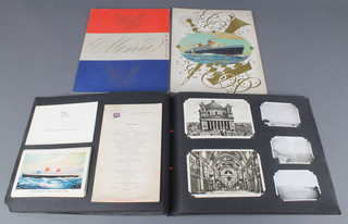 Two menus from The SS United States, Queen Mary headed note paper and a P&O photograph album containing various black and white photographs