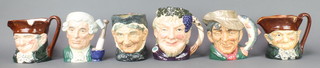 Six Royal Doulton character jugs - Old Charlie D5420 6", ditto 5", Bacchus D6499 7", The Poacher D6429 7", Grammy (with A mark) 7" and  Apothecary D6567 7" 
