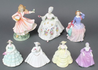 Four Coalport figures - Rosamund 5", Catriona 5", Emma Louise 5" and Mother 5", together with 3 Royal Doulton figures Blythe Morning HN2021 7", Diana HN2488 8" and Daddy's Joy HN3294 8" 