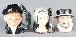 Three Royal Doulton character jugs - Beefeater D6206 6 1/2", Anne Boleyn D6644 7 1/2" and Lobster Man D6617 8"  