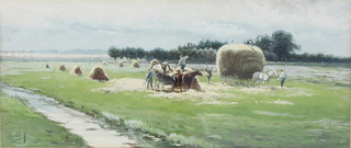 P L Hoedt, watercolour, signed, haymaking study 6" x 14" 