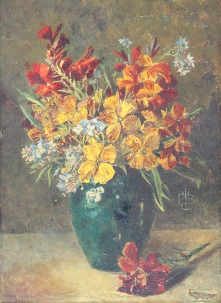 M Bourdin, oil on board, monogrammed, still life study of wall flowers 9" x 6 1/2", inscribed on verso
