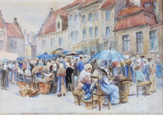 Herbert Von Finn, watercolour signed, a Dutch market street scene with figures, 12 1/2" x 18"  