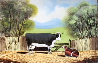A late 19th Century early 20th Century painting on glass naive study of a cow and goat 15 1/2" x 23 1/2" 