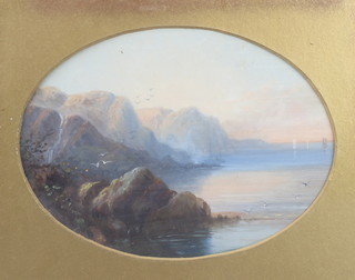 Edwardian oils, unsigned, ovals, Continental lake side views and a sun set coastal view 4" x 5 1/2" (4) 