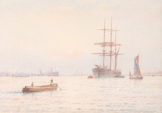 G S Walters, watercolour, signed, river view with boats, ships and distant buildings 9 1/2" x 13 1/2" 
