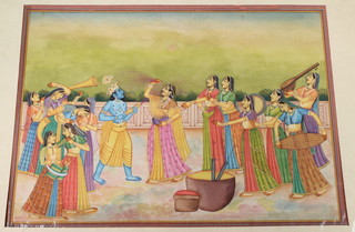 Indian watercolours, late 19th/early 20th Century, study of a horseback rider standing by a well with 3 servants in attendance 10 1/2" x 8", a group of musicians on a terrace 8" x 11 1/2" and figures on a pavilion terrace with script border 12" x 7" - all unframed