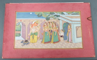 Indian watercolours, late 19th/early 20th Century, extensive pavilion with figures a pursuits 8" x 11", a prince with attendants and musicians on a pavilion terrace 6" x 10", figures on a moonlit terrace beneath trees 6" x 10" and a print gentleman in a tree attended by naked servants 8" x 10 1/2" and one other print

