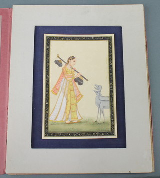 Indian watercolour, late 19th/early 20th Century on ivory, a lady with 2 deer enclosed within a floral border 5 1/2" x 4" , unframed 