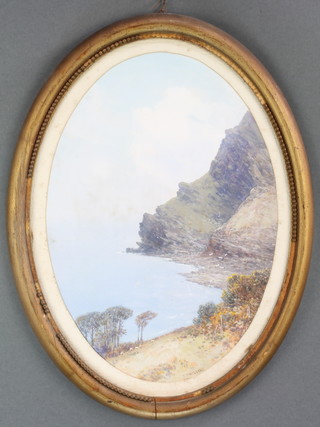 Frederick J Widgery, oil, oval, signed, Cornish coastal scene with sheep 14" x 10" 