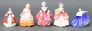 Five Royal Doulton figures - Southern Belle HN3174 4", Elaine HN3214 4", Cissie HN1809 5", Rose HN1368 5" and Goody Two Shoes HN2037 5" 