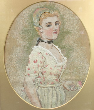 A 1930's silk embroidery, oval portrait of a lady 10" x 8" 