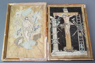 Two 18th Century continental embroidered and painted panels depicting Christ on the Cross and Christ in Ascension 8" x 5" 