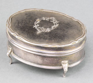 A silver and tortoiseshell pique oval trinket box on scroll feet Birmingham 1917 3 1/2"
