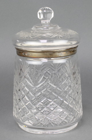 A silver mounted glass biscuit barrel, the collar hallmarked London 1926 8" 