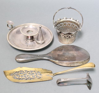 A silver plated chamber stick, fish slice and minor items