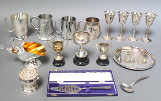 A silver plated 2 handled trophy 4" and minor plated items