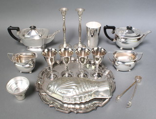 A silver plated 3 piece tea set with ebony mounts and minor plated items