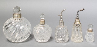 A silver mounted scent bottle 3" and 4 other mounted items