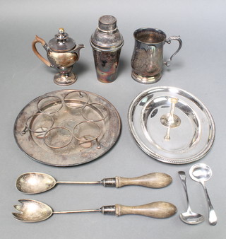 An Art Deco silver plated cocktail shaker and minor plated items
