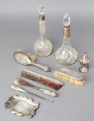 An Edwardian shaped silver pin tray Birmingham 1905 4 1/4", 2 mounted toilet bottles and minor items