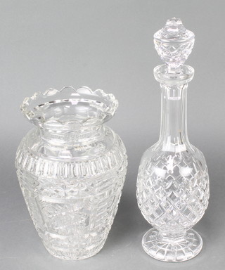 A cut glass baluster vase 9", a mallet shaped decanter and stopper 15" 