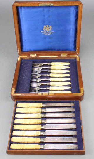 A set of 8 pairs of William IV and Victorian silver dessert eaters with carved bone handles - knives Sheffield 1835, forks Sheffield 1867 
