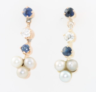 A pair of 9ct yellow gold seed pearl, sapphire and diamond ear drops 