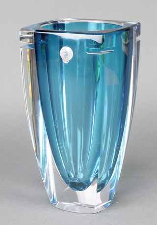A Waterford Crystal blue glass tapered square vase 10" 
