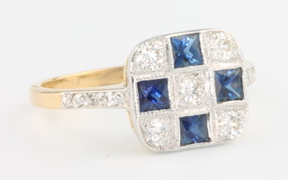 An 18ct yellow gold Art Deco style sapphire and diamond ring size M 