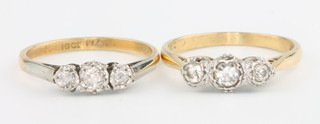 Two 18ct 3 stone diamond rings size N 1/2