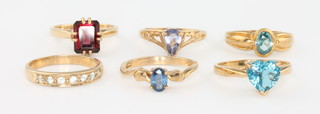 Six 9ct yellow gold gem set rings size N 