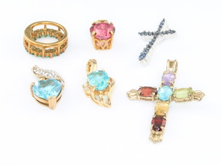 Four 9ct yellow gold gem set pendants and 2 ditto crosses 