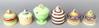 Four Ashtead Pottery preserve pots and lids, 2 ditto lidded pots, all with fruit finials 