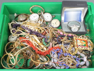 An Indian gilt hollow bangle and minor costume jewellery, 4 pocket watches a Seiko wristwatch etc 