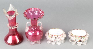 A Victorian cranberry vase with clear glass handles 5 1/2", a do. with flared base 6 1/2" and 2 Victorian table salts 