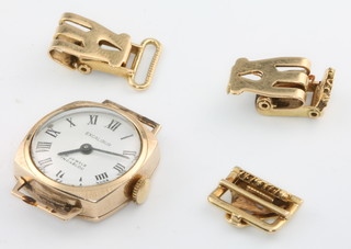 A lady's 9ct gold cased Excalibur wristwatch and 3 18ct yellow gold watch strap clasps 6 grams 