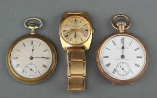 A gentleman's gold plated Saqui & Lawrence mechanical pocket watch with seconds at 6 o'clock, a plated cased dress watch and a gentleman's gilt wristwatch 