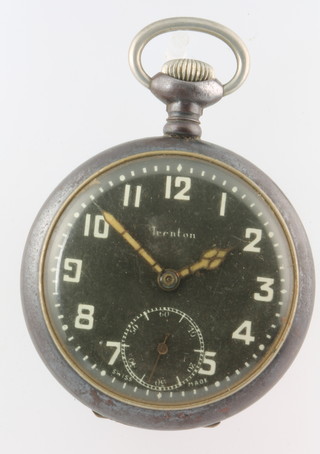 A gun metal cased black dial Trenton pocket watch with seconds at 6 o'clock no.203142 