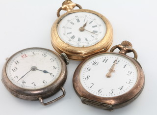 A lady's Edwardian 14ct yellow gold fob watch with enamelled dial, a silver pocket watch and a gun metal pocket watch 