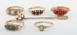 An Edwardian 15ct yellow gold tie pin, 5 9ct gold gem set rings sizes N, L 1/2, N, N, N and P 