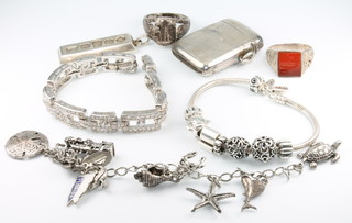 An Art Deco style silver paste set bracelet, 1 other, an ingot, 2 rings, a vesta and a silver charm bracelet 