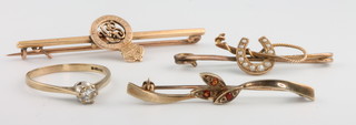 A 9ct yellow gold life guards bar brooch, 2 ditto bar brooches and a 9ct yellow gold single stone diamond ring size N