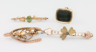 A gilt seal and 3 gold bar brooches
