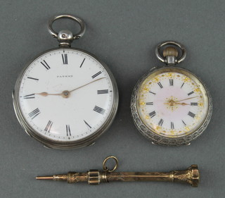 A silver cased keywind pocket watch, a lady's silver Edwardian fob watch and a 9ct gold  propelling pencil  